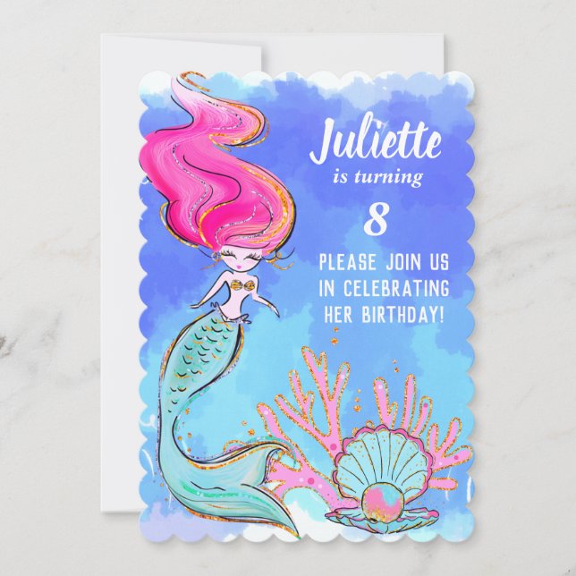Tarjeta de Invitación de Cumpleaños de Sirena y Al (Anverso)