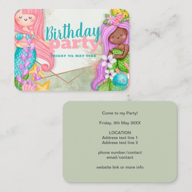 Tarjeta de Invitación de Cumpleaños de Sirenas (Anverso / Reverso)
