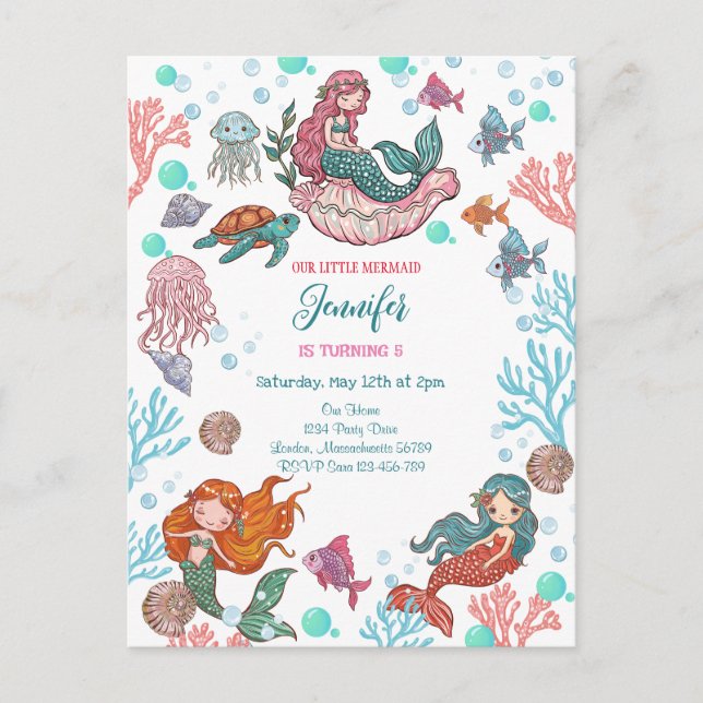 Tarjeta de Invitación de Cumpleaños de Sirenitas P (Anverso)