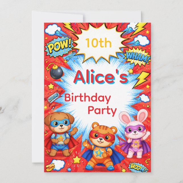 Tarjeta de invitación de cumpleaños de superhéroe (Anverso)
