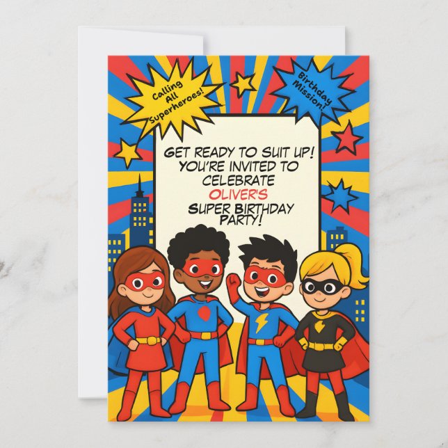Tarjeta de invitación de cumpleaños de superhéroes (Anverso)