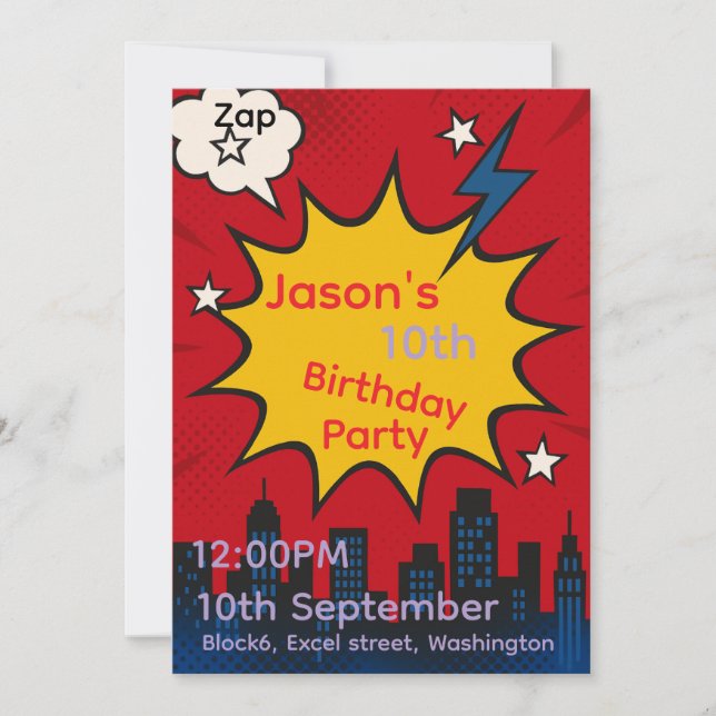 Tarjeta de invitación de cumpleaños de Superheroín (Anverso)