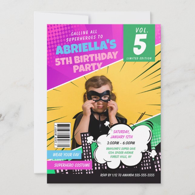 Tarjeta de Invitación de Cumpleaños de Superheroín (Anverso)