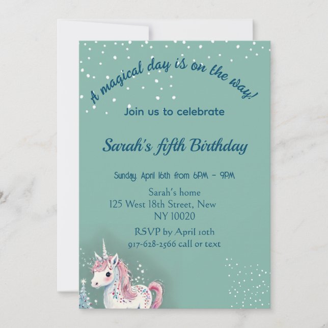 Tarjeta de invitación de cumpleaños de Unicorn (Anverso)