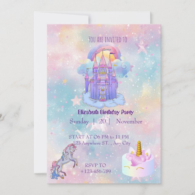 Tarjeta de invitación de cumpleaños de unicornio (Anverso)