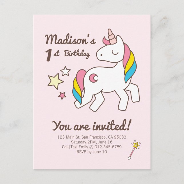 Tarjeta de Invitación de Cumpleaños de Unicornio L (Anverso)