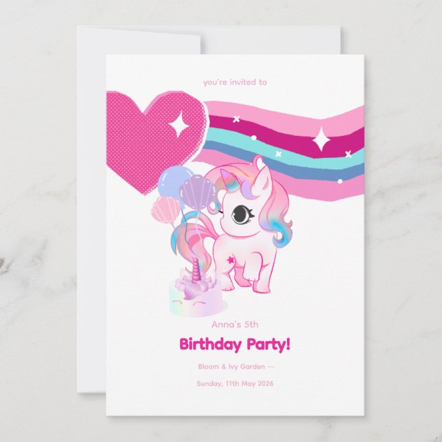 Tarjeta de Invitación de Cumpleaños de Unicornio p (Anverso)