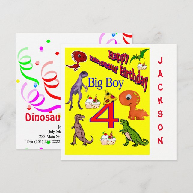 Tarjeta de Invitación de Cumpleaños Dinosaurio (Anverso / Reverso)