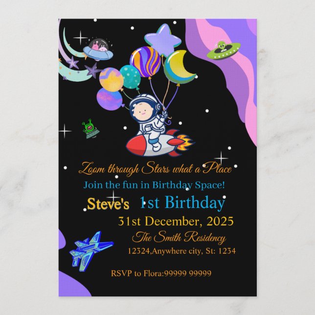 Tarjeta de Invitación de Cumpleaños Espacial | Cua (Anverso)
