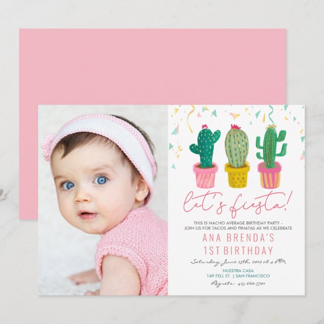 Tarjeta de invitación de cumpleaños Fiesta Cactus  (Anverso / Reverso)
