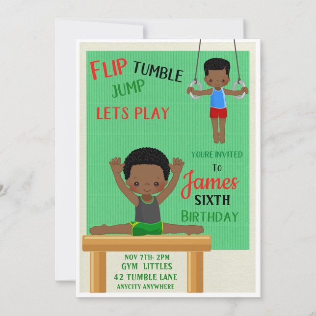 Tarjeta de invitación de cumpleaños Flip & Tumble (Anverso)