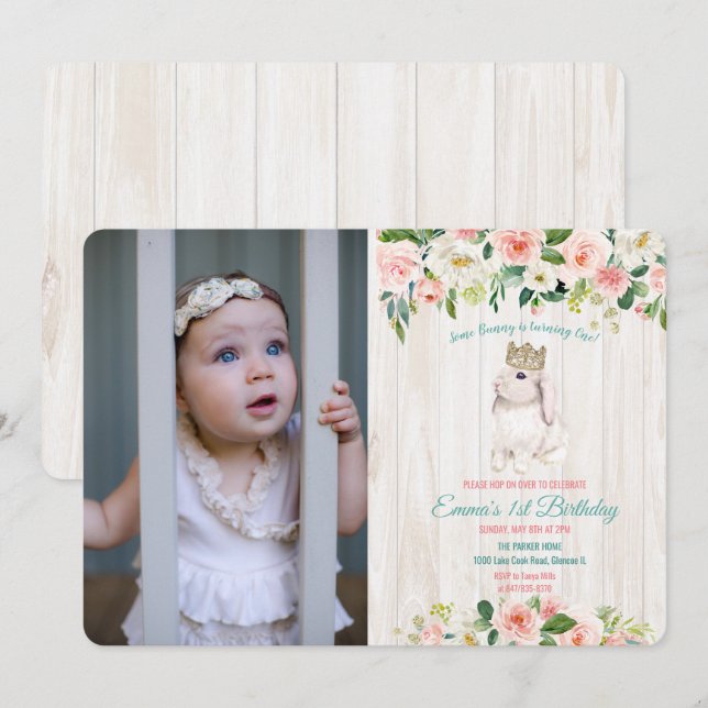 Tarjeta de invitación de cumpleaños floral con con (Anverso / Reverso)