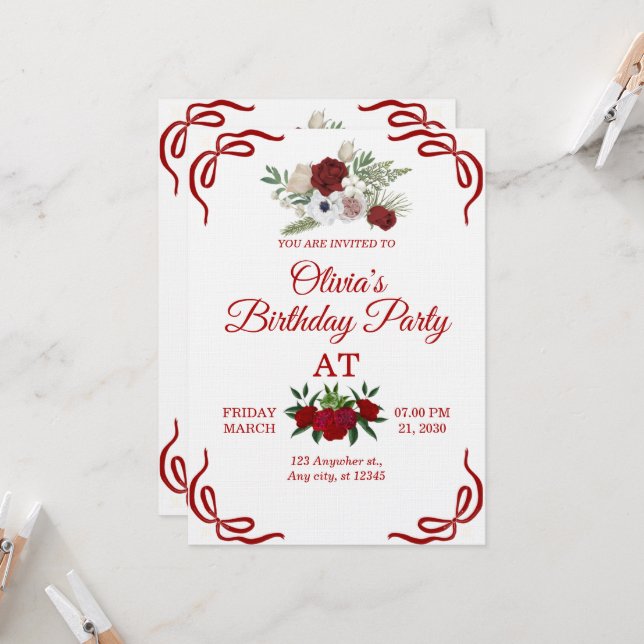 Tarjeta de Invitación de Cumpleaños Floral con Est (Anverso/Reverso In Situ)