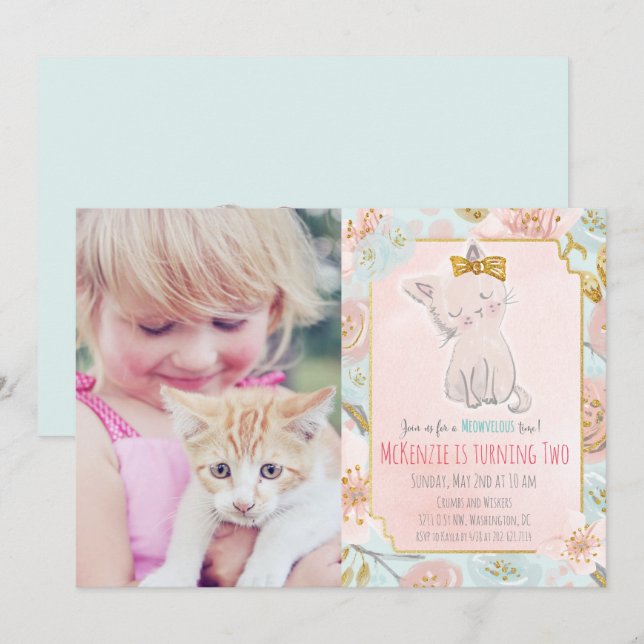 TARJETA DE INVITACIÓN DE CUMPLEAÑOS FLORAL DE GATI (Anverso / Reverso)