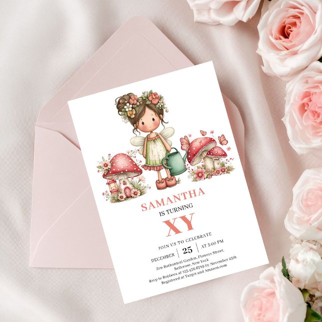 Tarjeta de invitación de cumpleaños floral de hada (Cute Fairy 8th Birthday Floral Party Invitation)