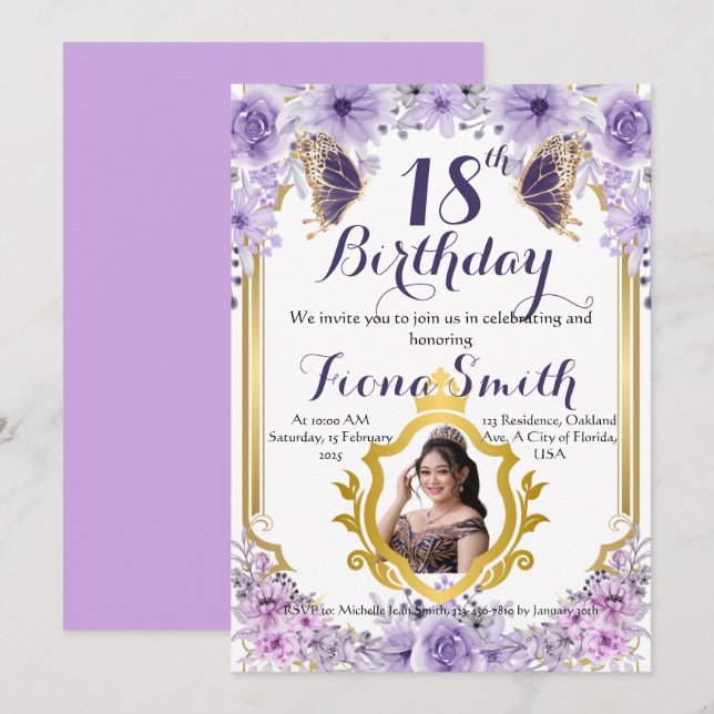 Tarjeta de invitación de cumpleaños floral Lavende (Anverso / Reverso)