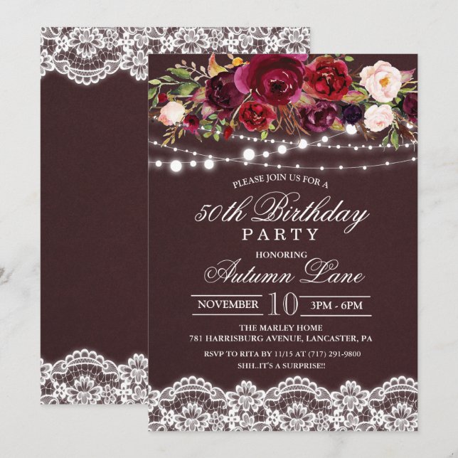 TARJETA DE INVITACIÓN DE CUMPLEAÑOS FLORAL RÚSTICA (Anverso / Reverso)
