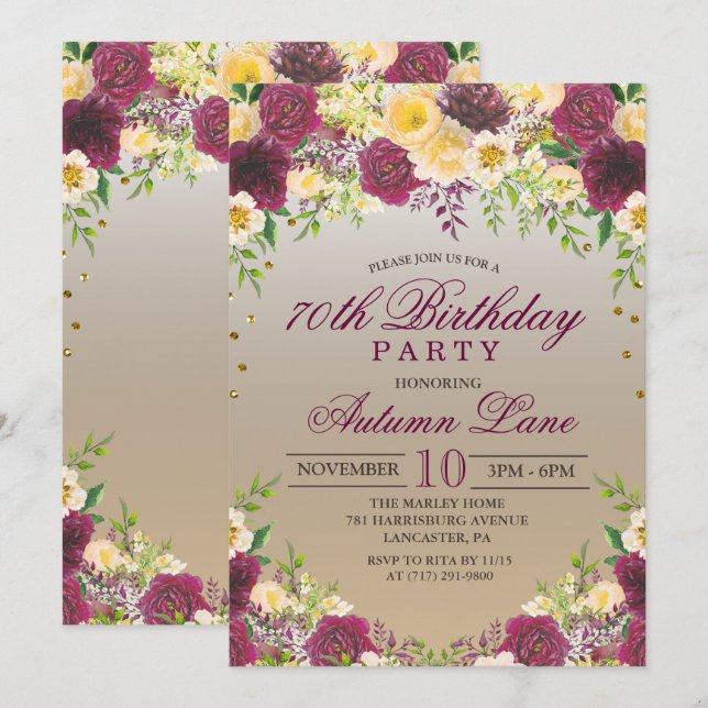 Tarjeta de invitación de cumpleaños floral vintage (Anverso / Reverso)