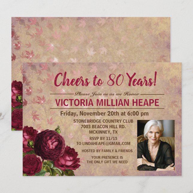 Tarjeta de invitación de cumpleaños floral vintage (Anverso / Reverso)