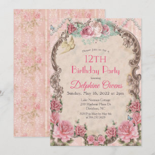Tarjeta de invitación de cumpleaños floral vintage