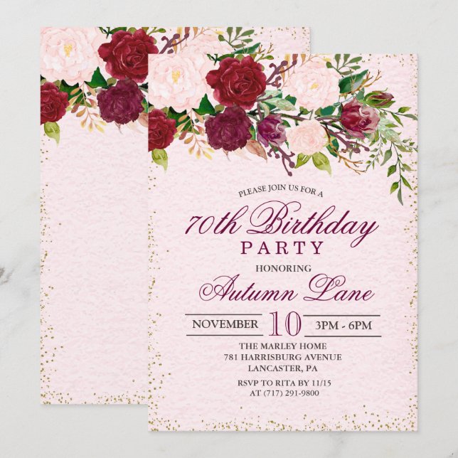 Tarjeta de invitación de cumpleaños floral vintage (Anverso / Reverso)