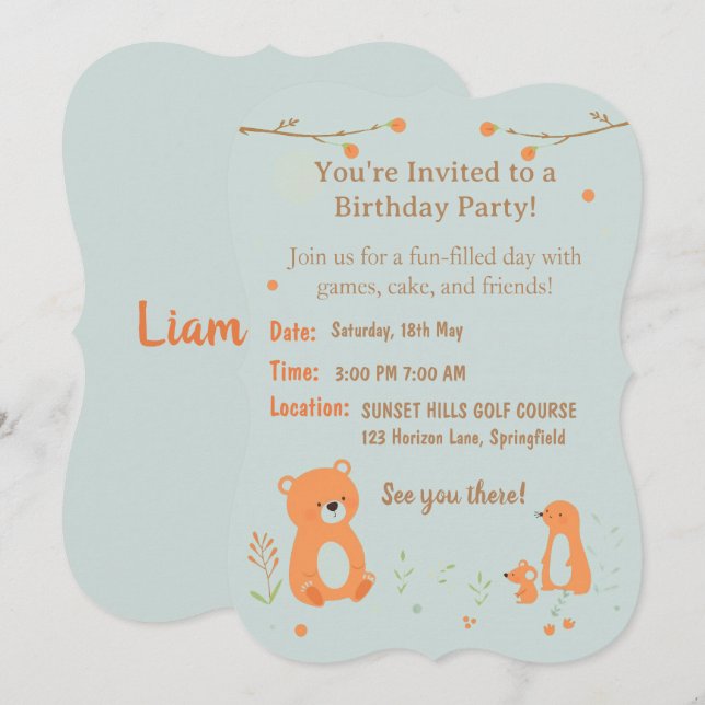 Tarjeta de invitación de cumpleaños infantil de os (Anverso / Reverso)