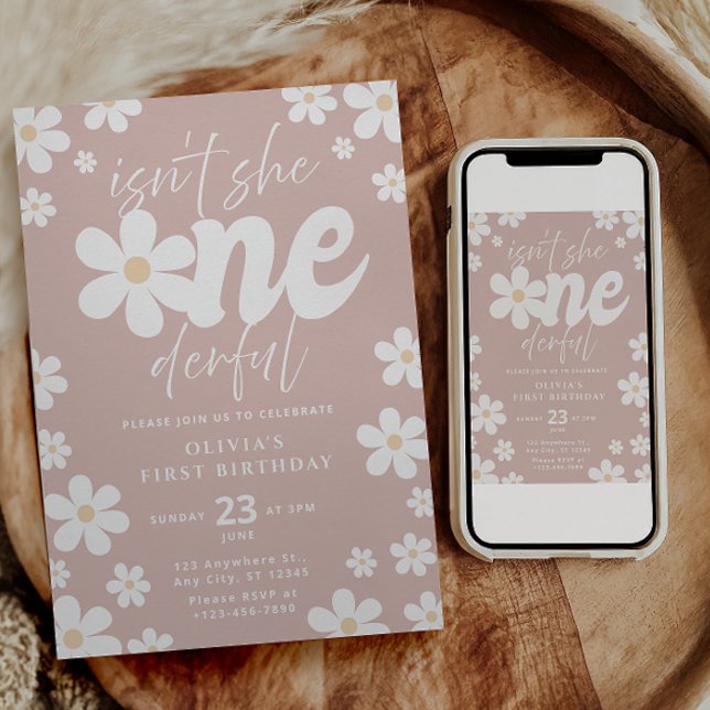 Tarjeta de Invitación de Cumpleaños Isn't She Oned (Girl first birthday parties
"Isn't She Onederful" birthday themes
Daisy and wildflower birthday )