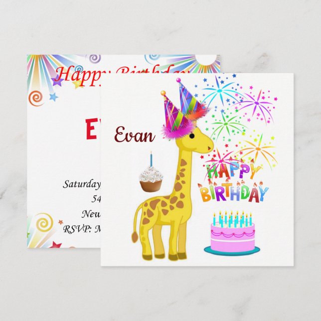 Tarjeta de Invitación de Cumpleaños Jirafa (Anverso / Reverso)