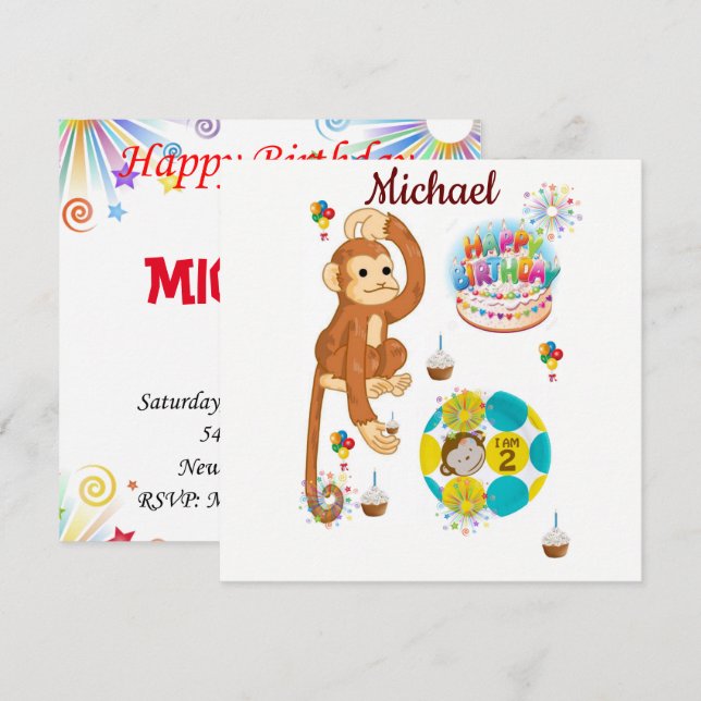 Tarjeta de Invitación de Cumpleaños Mono de Dos Añ (Anverso / Reverso)