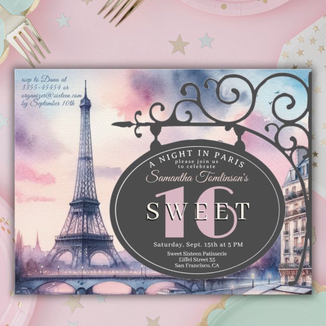 Tarjeta de invitación de cumpleaños número 16 con  (Sweet 16, Paris themed invitation
)