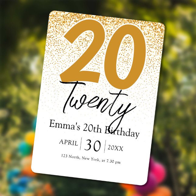 Tarjeta de invitación de cumpleaños número 20 de G (Golden glitter Girl 20th birthday invitation card)
