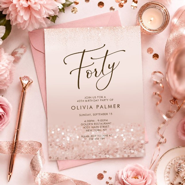 Tarjeta de invitación de cumpleaños número 40 con  (Rose Gold Glitter 40th Birthday Invitation Card)