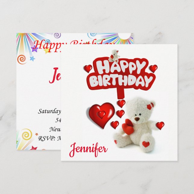 Tarjeta de Invitación de Cumpleaños Oso de Peluche (Anverso / Reverso)