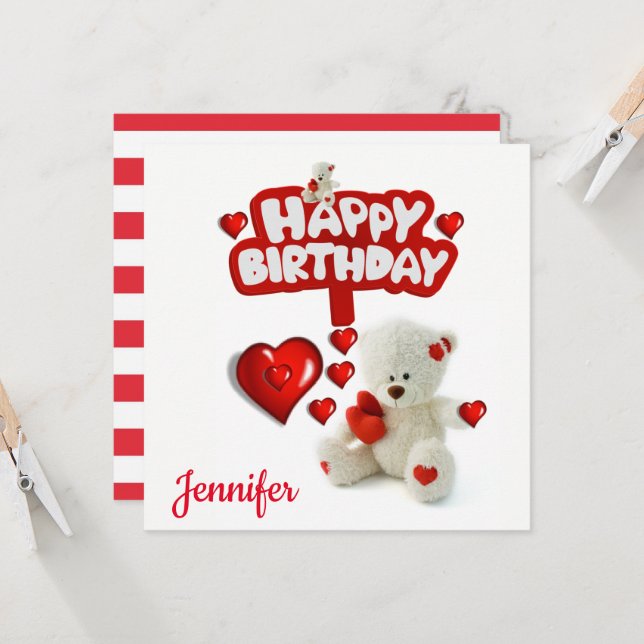 Tarjeta de Invitación de Cumpleaños Oso Teddy Blan (Anverso/Reverso In Situ)