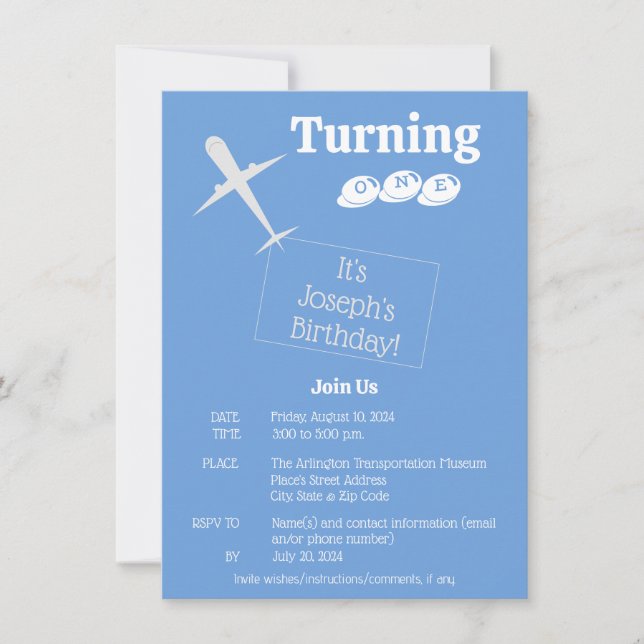 Tarjeta de invitación de cumpleaños para avión en  (Anverso)