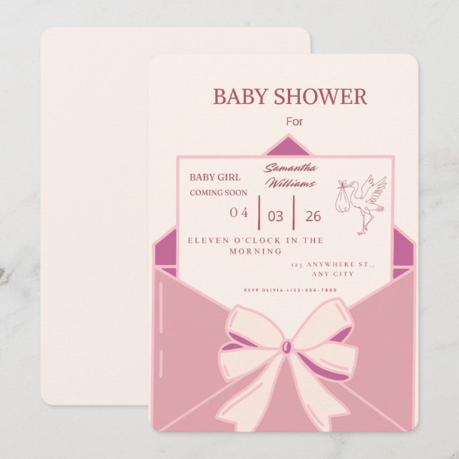 Tarjeta de Invitación de Cumpleaños para Bebé Niña (Anverso / Reverso)