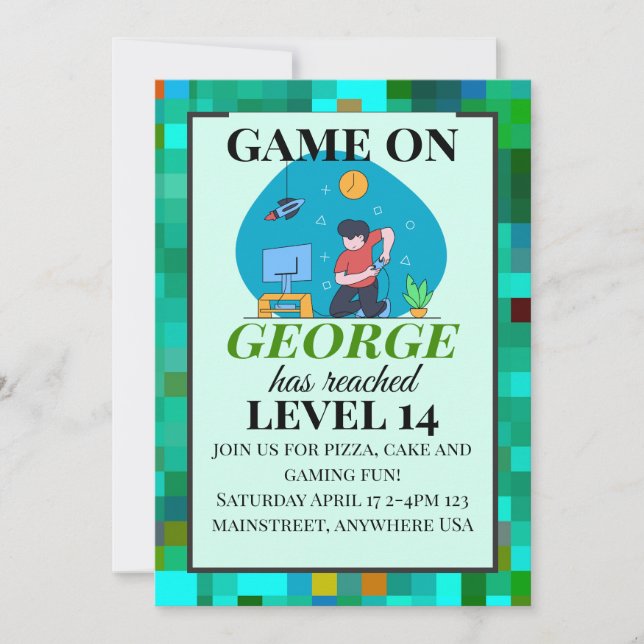 Tarjeta de invitación de cumpleaños para juegos re (Anverso)