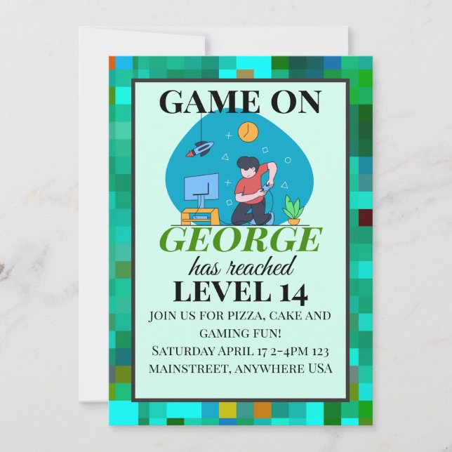 Tarjeta de invitación de cumpleaños para juegos re (Anverso)