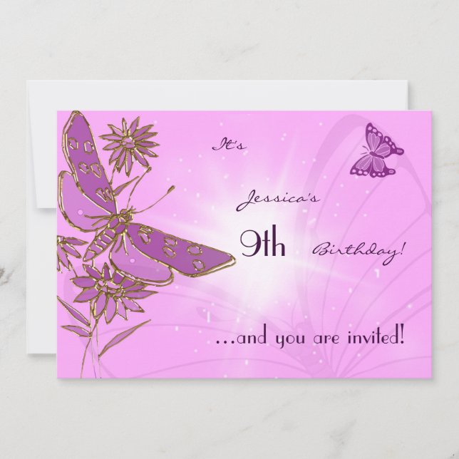 Tarjeta de invitación de cumpleaños para mariposa  (Anverso)