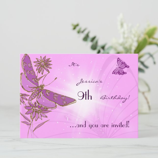 Tarjeta de invitación de cumpleaños para mariposa  (Anverso de pie)