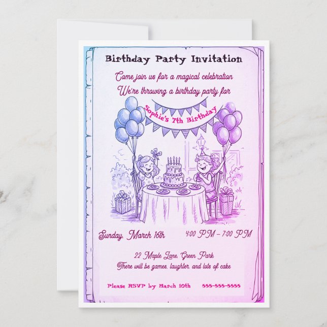 Tarjeta de Invitación de Cumpleaños para Niñas Cap (Anverso)