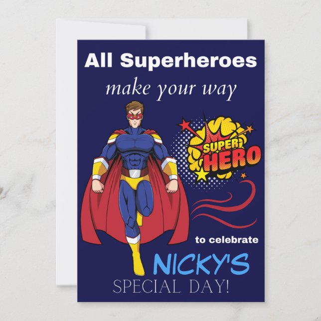 Tarjeta de invitación de cumpleaños para superhéro (Anverso)