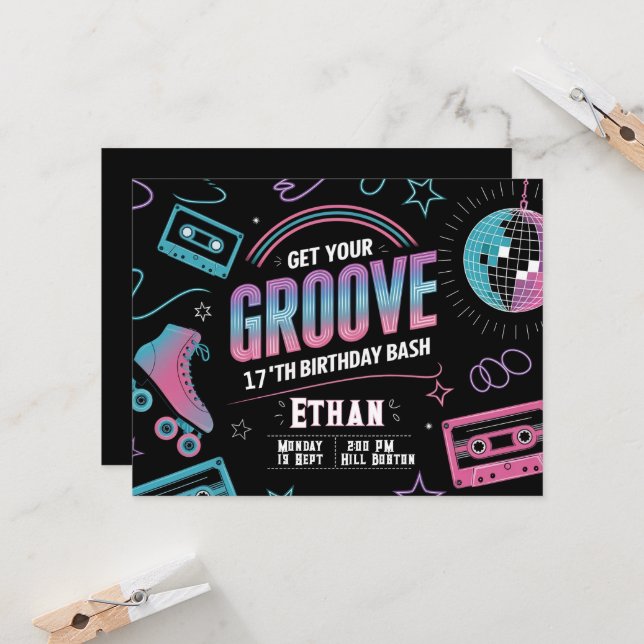 Tarjeta de invitación de cumpleaños para temas neo (Anverso/Reverso In Situ)