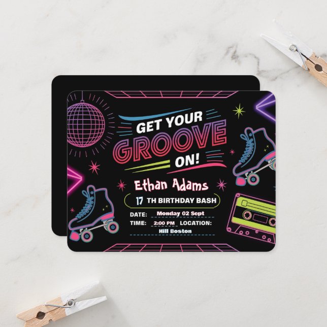 Tarjeta de invitación de cumpleaños para temas neo (Anverso/Reverso In Situ)