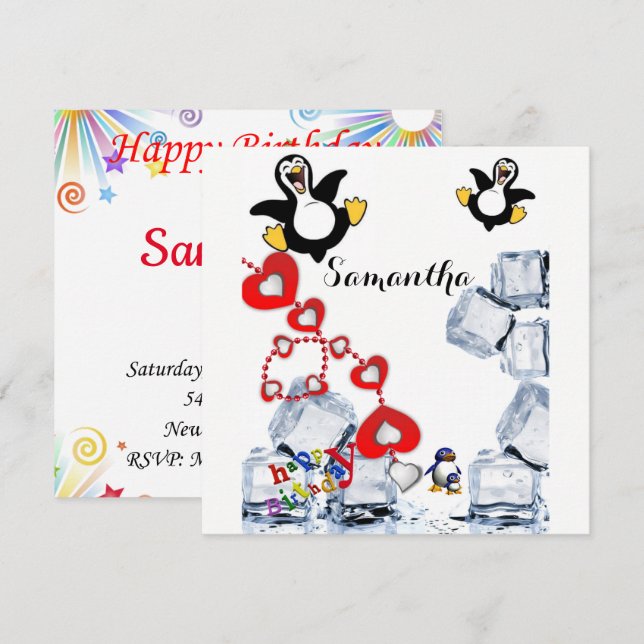Tarjeta de Invitación de Cumpleaños Pingüino (Anverso / Reverso)
