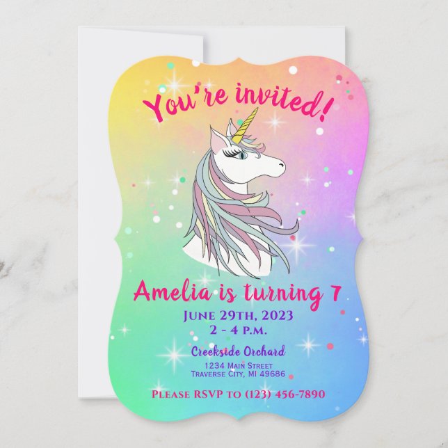 Tarjeta de invitación de cumpleaños Rainbow Unicor (Anverso)