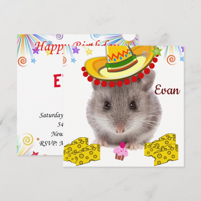 Tarjeta de Invitación de Cumpleaños Ratones (Anverso / Reverso)