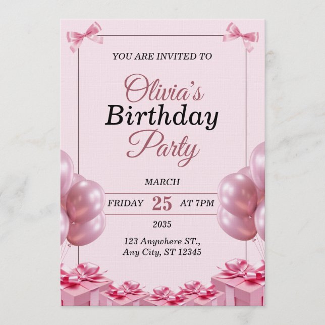 Tarjeta de Invitación de Cumpleaños rosa con estil (Anverso)