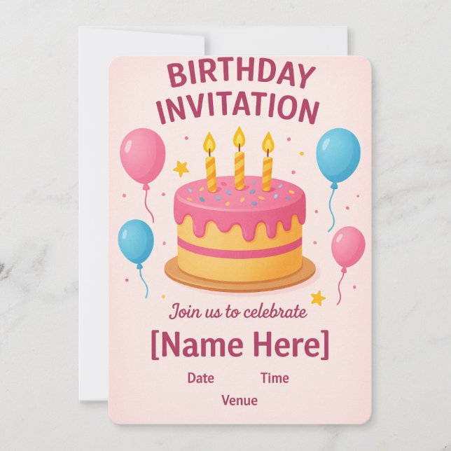Tarjeta de invitación de cumpleaños rosa lindo | (Anverso)