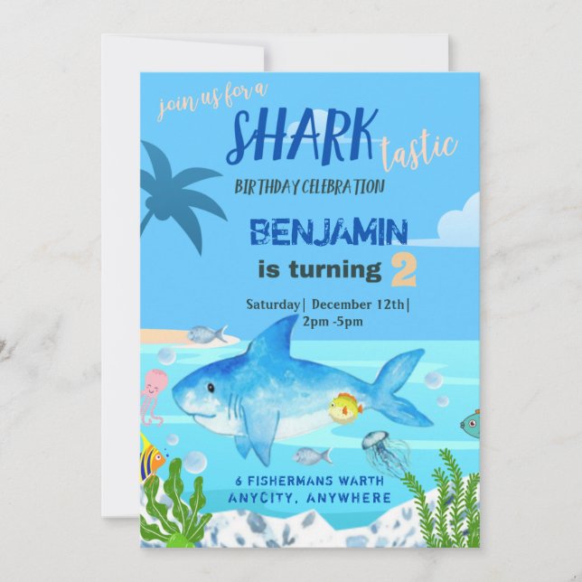 Tarjeta de invitación de cumpleaños Sharktastic (Anverso)